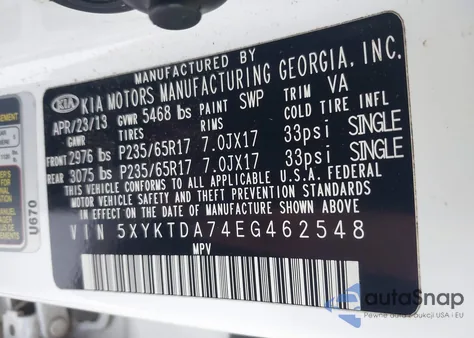 2014 Kia Sorento Lx V6 from USA, damaged, VIN 5XYKTDA74EG462548